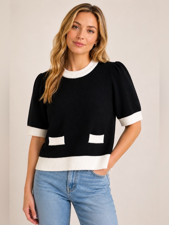 THML Sweaters - THML Black Drew Top Sweater | Puff Sleeve Contrast Trim | Size M